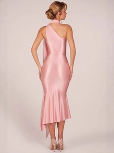 Elegant pink satin halter neck bodycon dress with slim fit mermaid hemline silhouette