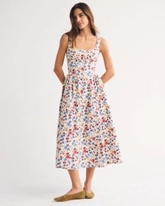 Detailed full-length shot of a floral print midi dress with square neck and wide straps