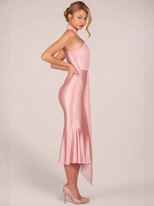 Pink satin halter neck bodycon dress with elegant side draping and fishtail hem
