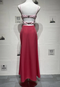 Detailed back view of sexy backless pink patchwork maxi dress with metal buckles