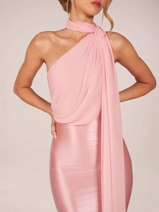 Elegant slim fit pink satin halter neck dress with flowing ribbon and shoulder drape