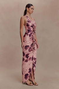 Detailed view of women's mauve tie-dye sleeveless maxi dress with ruffles and side slit