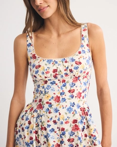 Close-up of floral print dress featuring delicate lace trim and smocked chest detailing