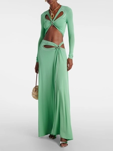 Ensemble Femme Sexy Crop Top Manches Longues et Jupe Maxi Ajouré Oeillets Métalliques Fente Haute Robe de Soirée Vert Menthe