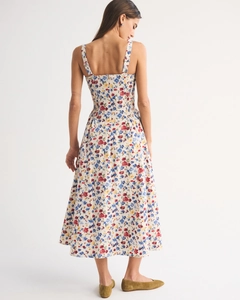 Detail of smocked elastic back and delicate floral print on summer midi dress