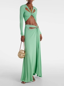 Ensemble robe longue sexy verte deux pièces avec crop top manches longues et fente