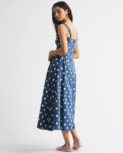 Detailed back view of royal blue polka dot midi dress with elastic smocking and wide straps