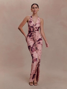 Women Sexy Halter Neck Ruched Maxi Dress With 3D Flower High Slit Backless Slim Fit Tie-Dye Party Long Dress