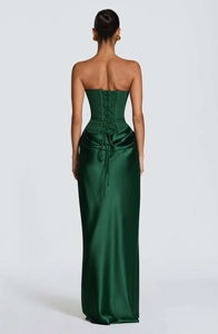 Deep green satin evening gown featuring an elegant lace-up corset back detail