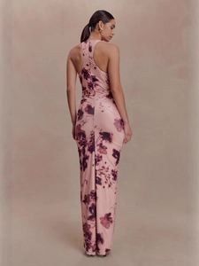 Pink sleeveless slim fit maxi dress with abstract floral print and cross back design
