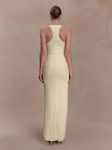 Slim fit backless racerback maxi dress in light yellow with side ruched detailing