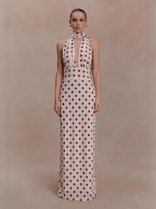 Halter Neck Backless Polka Dot Maxi Dress For Women Sexy Slim Fit Light Blue Sleeveless Long Dress Elegant Evening Party