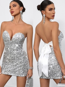 Sexy Pailletten Trägerloses Mini Kleid Damen Rückenfrei Bodycon Party Cocktailkleid Mit Großer Satin Schleife Kurz Kleid