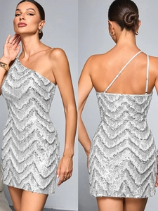 Élégante Robe Courte à Paillettes à Une Épaule pour Femme Sexy Dos Nu Moulante Fête Soirée Mariage Banquet Robe Sans Manches