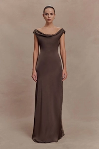 Detail of elegant dark brown satin evening dress featuring a stylish cowl neck and floor length