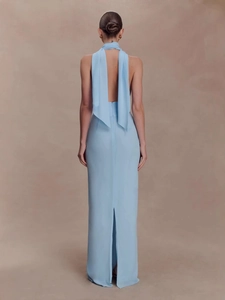 Elegant light blue halter neck maxi dress with backless design and long neck ties