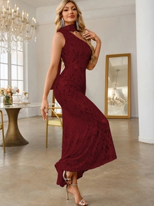 Detail of elegant sequins and halter neckline on a burgundy fishtail evening dress