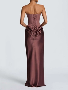 Elegant back view of a satin corset maxi dress with lace-up tie detail in dark brown