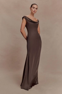 Detailed close-up showing the premium chocolate satin fabric and elegant cowl neck design