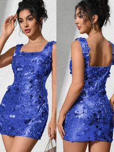 Robe de Soirée Sexy Bodycon à Paillettes pour Femmes Col Carré Sans Manches Mini Robe de Fête avec Accents Floraux