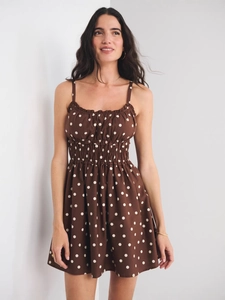 Sleeveless coffee floral summer dress with white polka dots and smocked waist detail