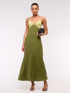 Women Sexy Backless Color Block Maxi Dress Satin Strappy Hollow Out Patchwork Elegant Evening Party Banquet Long Dress