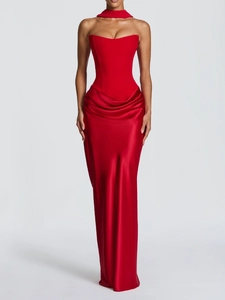 Elegant red satin corset gown with strapless neckline and matching neck scarf