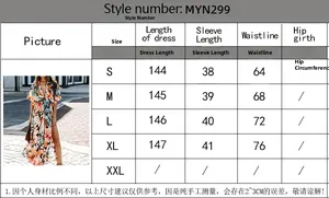 Size chart for tropical floral print maxi dress with detailed measurements and length guide