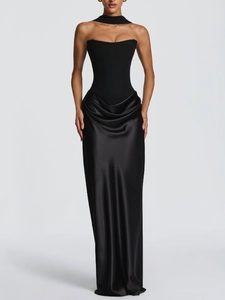 Elegant black strapless corset satin evening gown with waist-cinching bow and neckpiece