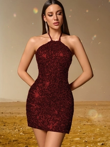 Détail de la robe mini dos nu à paillettes bordeaux avec une coupe moulante sexy
