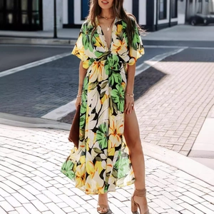 Floral print maxi dress with deep V-neck and high side slit for a stylish summer look
