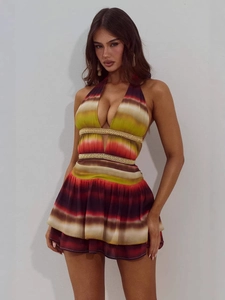 Abito sexy con scollo all'americana, stampa sfumata colorata e finiture dorate in vita