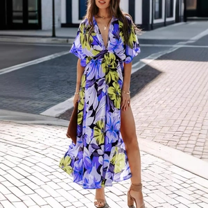Floral V-neck maxi dress with high side slit and flowy chiffon fabric for summer