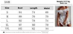 Detailed size guide for the off-shoulder mini dress featuring embroidery and waist cinching