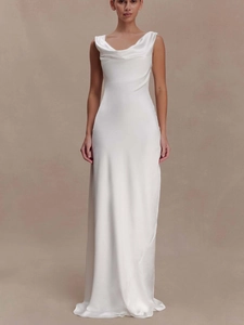 Women Elegant Satin Cowl Neck Maxi Dress Backless Lace Trim Formal Evening Gown Wedding Party Sleeveless Floor Length Dress
