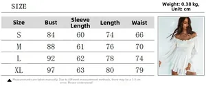 Detailed size chart for white off-shoulder summer dress with length and chest measurements
