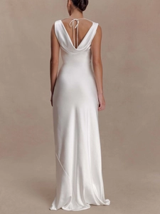Elegant white satin maxi dress with cowl back and tie straps for evening parties