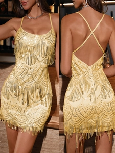 Sexy Sequin Tassel Spaghetti Strap Backless Bodycon Mini Dress For Women Sparkling Elegant Party Evening Clubwear Birthday Gown