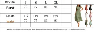 Detailed size chart for short-sleeve tiered maxi dress showing bust and waist measurements