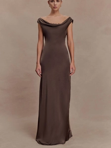 Elegant dark brown satin floor-length dress with cowl neck and high waist silhouette