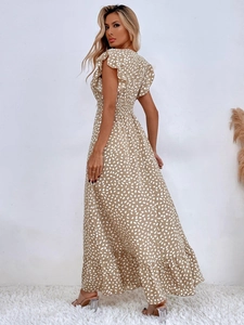Dettagli sul retro di un abito lungo boho kaki a pois con maniche a balze e vita elastica