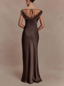 Elegant chocolate satin backless floor-length dress with draped cowl neck for formal events
