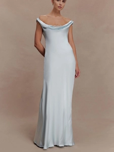 Light blue satin evening dress with lace trim and elegant cowl neckline for women