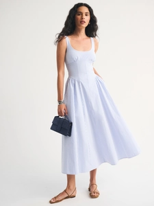 Sleeveless slim-fit light blue striped midi dress with high waist and A-line skirt