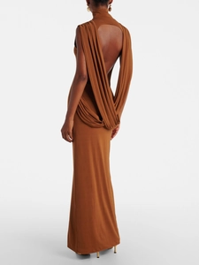 Robe longue en tricot dos nu marron caramel avec détails drapés et ourlet sirène élégante