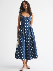 Elegant blue sleeveless polka dot midi dress with slimming waist and flared hemline