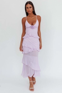 Lavender ruffled maxi dress detailing delicate 3D floral embellishment on the neckline