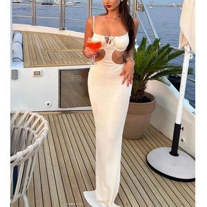 Women Sexy White Ribbed Knit Cutout Maxi Dress Backless Lace Up Slim Fit Sleeveless Resort Style Summer Vacation Dress