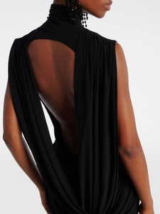 Robe longue en tricot dos nu avec col montant et détails de drapé sophistiqués en noir