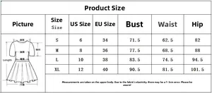 Tableau des tailles pour robe midi dos nu avec mesures UK et EUR de la taille S à XL